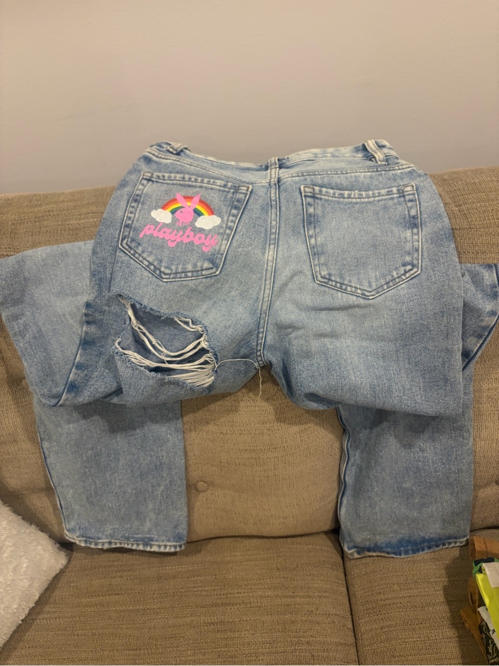 Light Blue Boyfriend Jeans with Rainbow Pocket Graphic